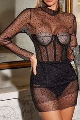 Adele Black Mesh Diamond Mini Dress | Dress In Beauty